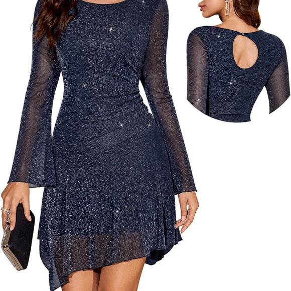 Women Sparkly Sequin Dress Ruched Waist Homecoming Prom Party Elegant - Picture 1 of 5